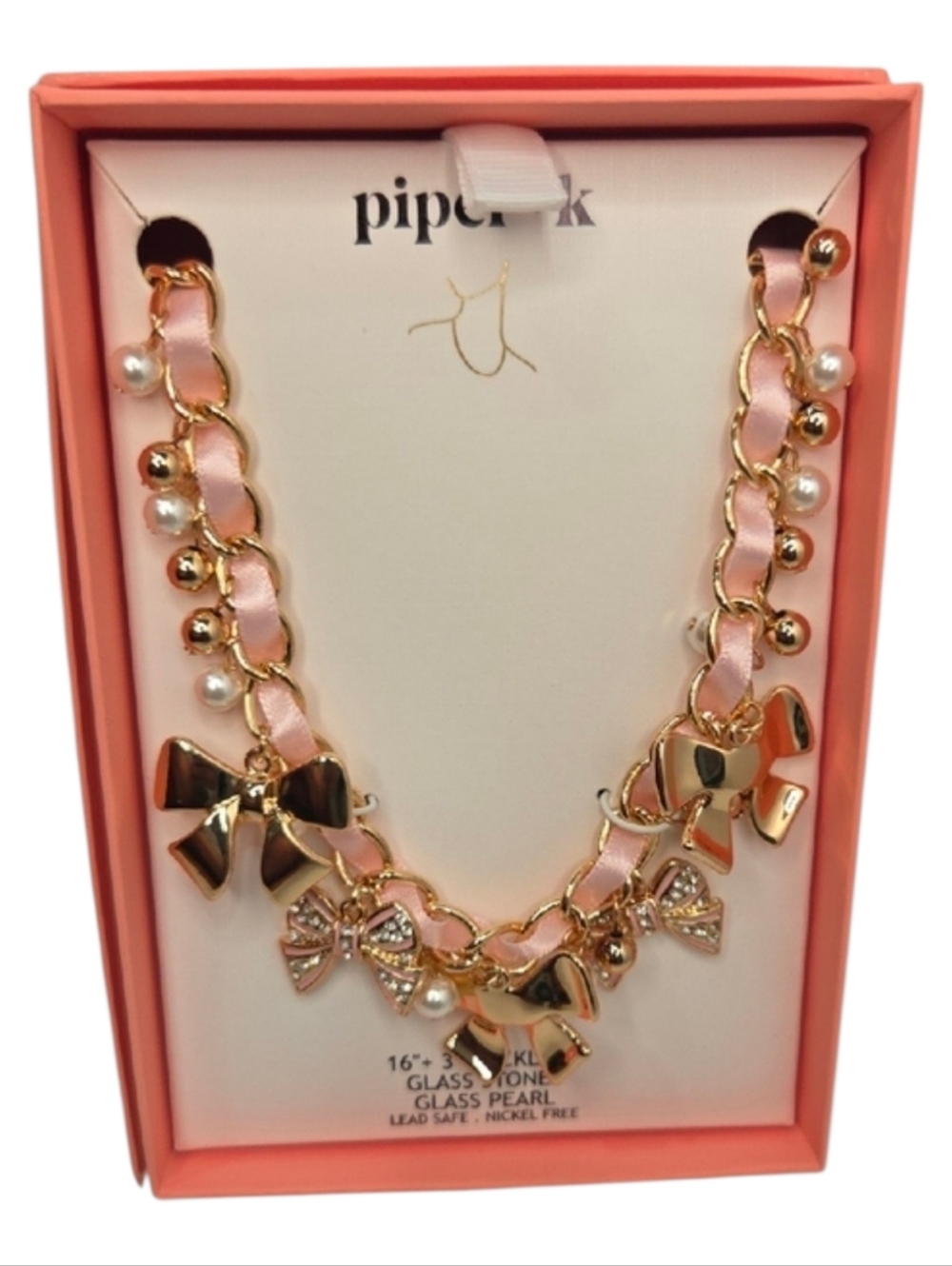 💕▪️Piper K ▪️Glass Stone Glass Pearl Bow Coquette Charm 16" Necklace 🎀